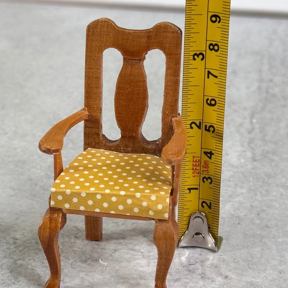 Miniature Wooden Queen Anne Armchair Yellow Polka Dot Dollhouse Furniture 3.5in